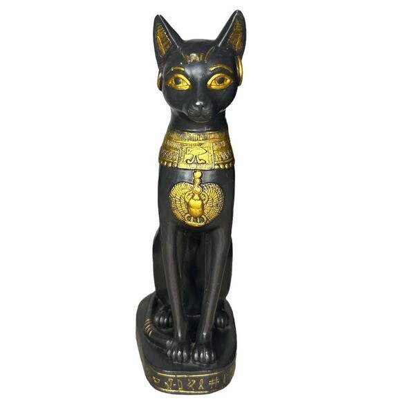 Egyptian Cat Goddess Bastet Seated With Hieroglyphs Base Figurine - Picture 1 of 5